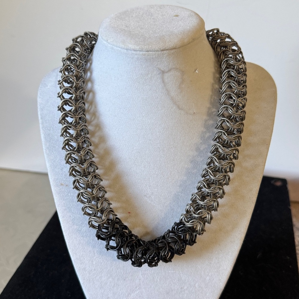 Vintage Chunky Silver  and Black fashion Chainmaille Necklace 16”